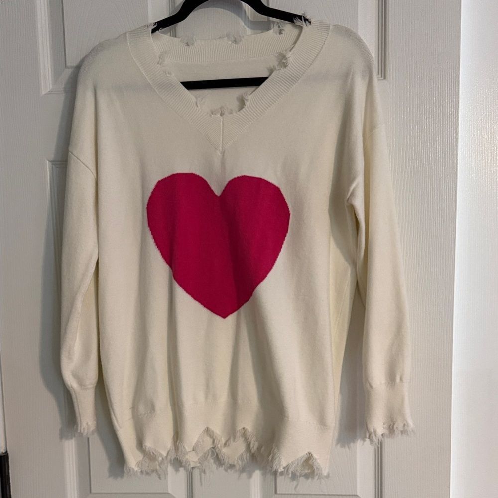 Pink Heart with fringe V-Neck Sweater